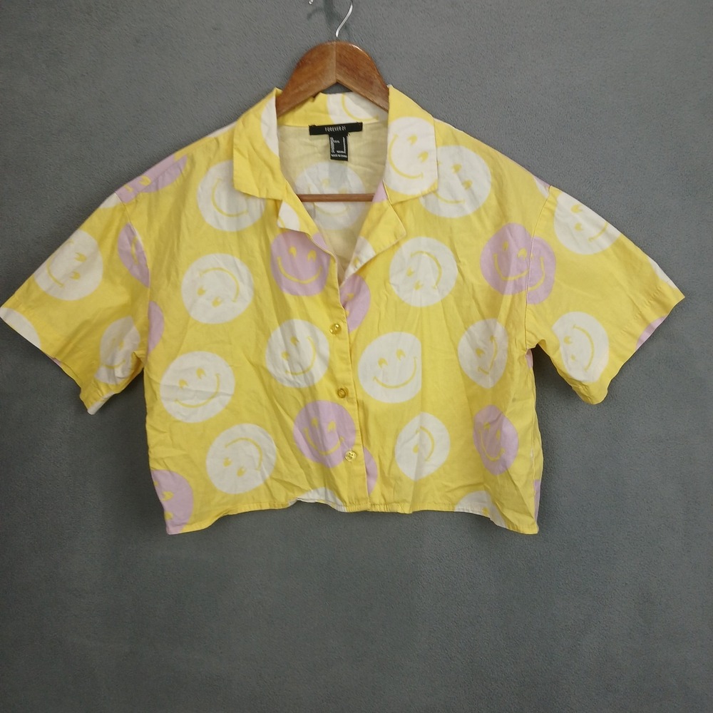 Forever 21 Cropped Shirt Womens Small Yellow Smiley Face Happy‎ Emoji Button Up